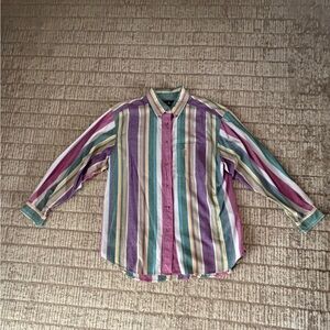 Vintage 90s Hunt Club Striped button up Shirt Purple, pink, yellow, Green, Cream